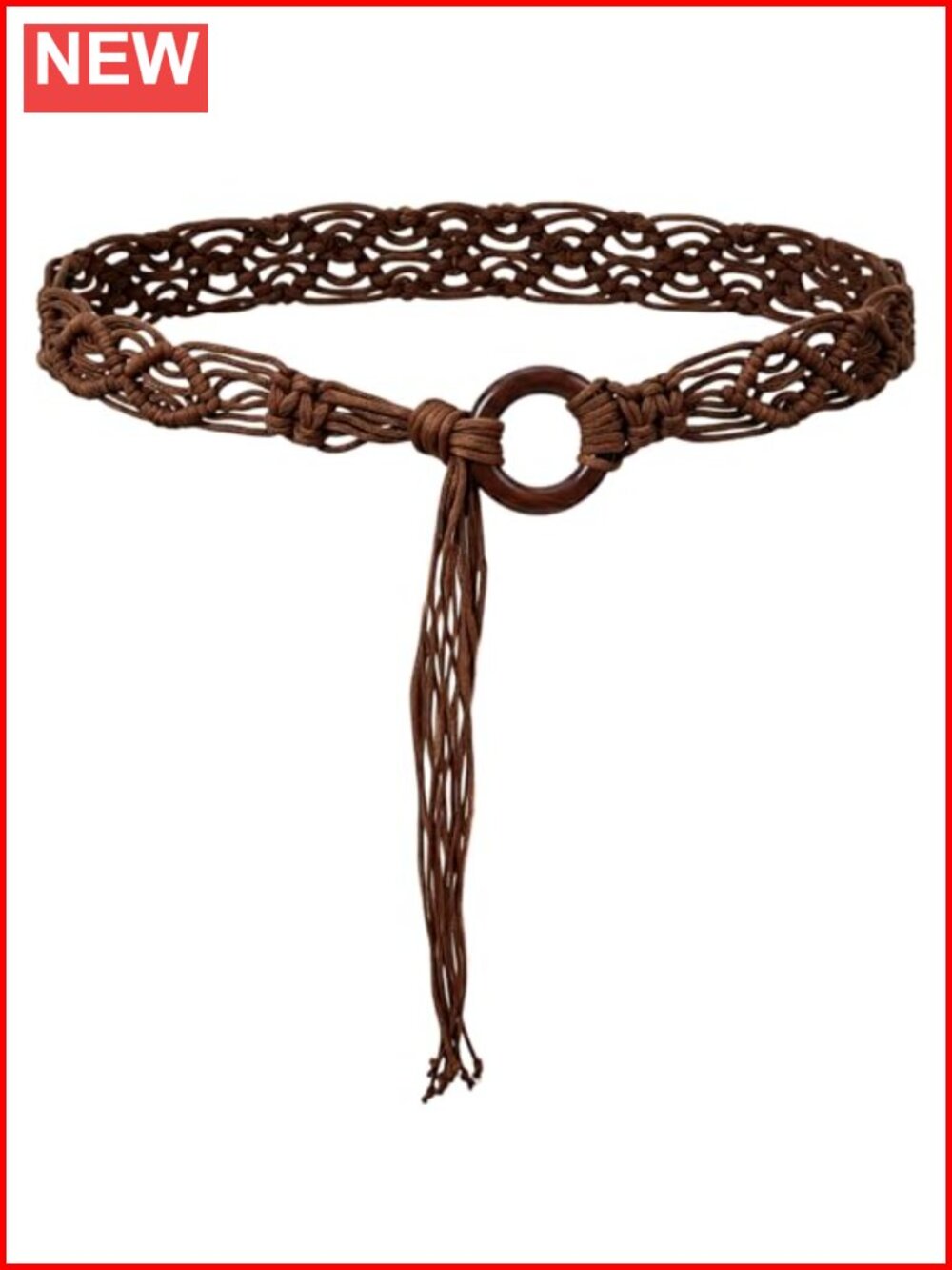 Boho Braided Woven Wax Rope Belt Wooden O-ring Tassel Dress Women